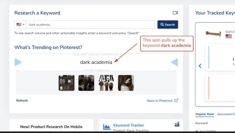 Finds a new keyword on Pinterest Trends