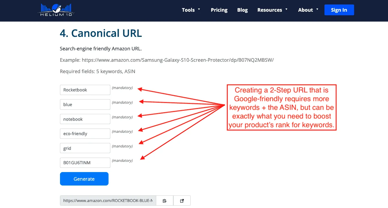 Helium 10 Gems Canonical URLs