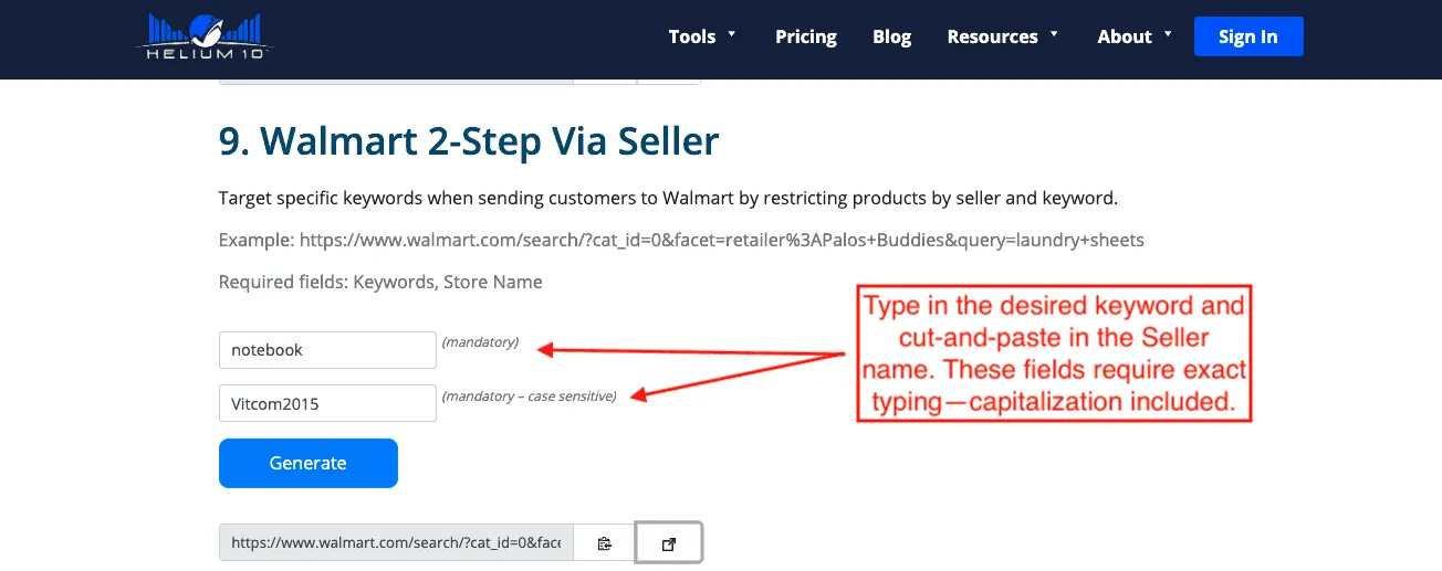 Helium 10 Gems Walmart 2- Step via seller