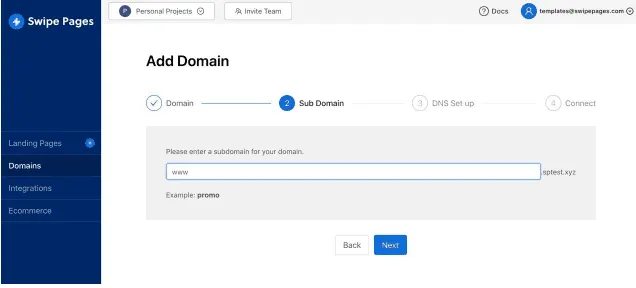 Swipe Pages Sub Domain