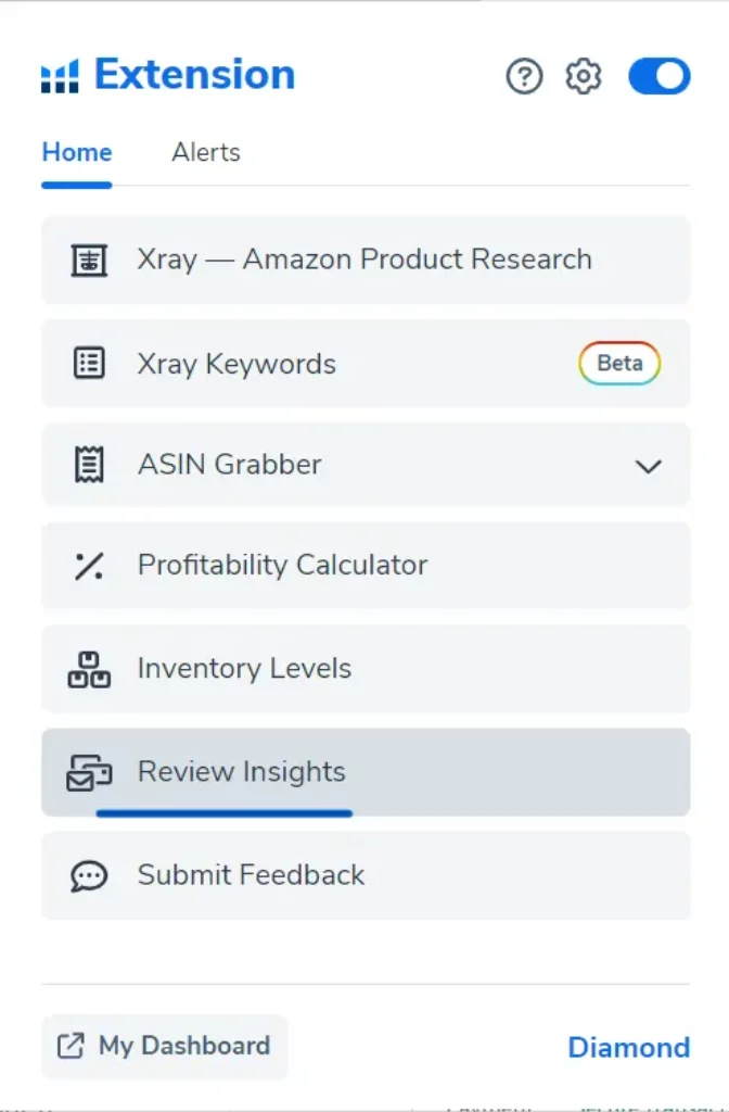 Helium 10 Review Insights- Drop down Menu