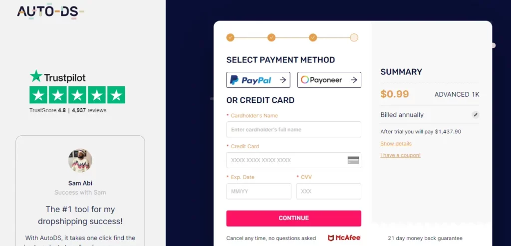 AutoDS Checkout page