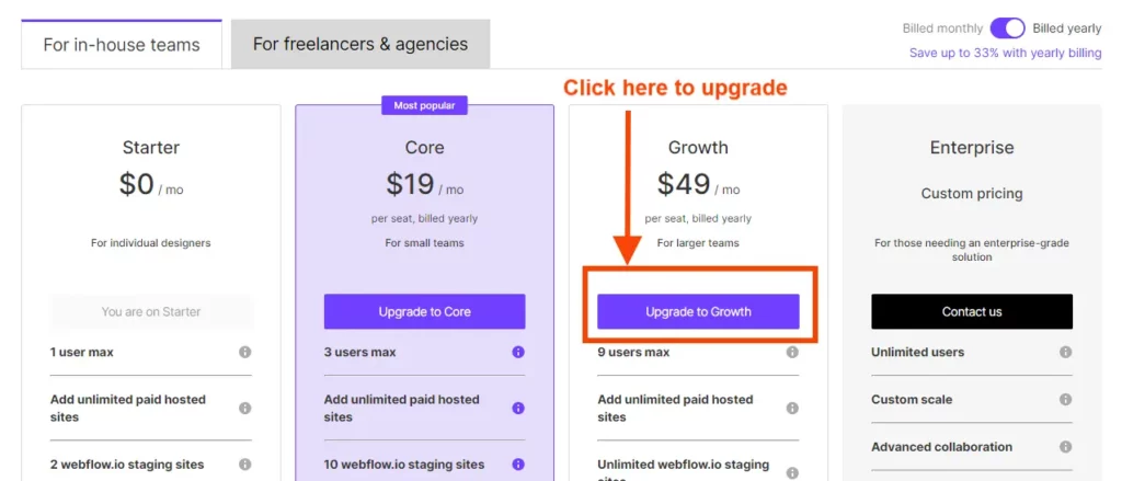 Upgrade to paid subscription with Webflow discount code