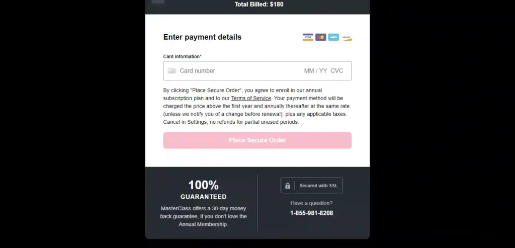 MasterClass free trial payment details