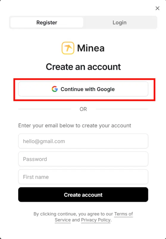 Signup for Minea