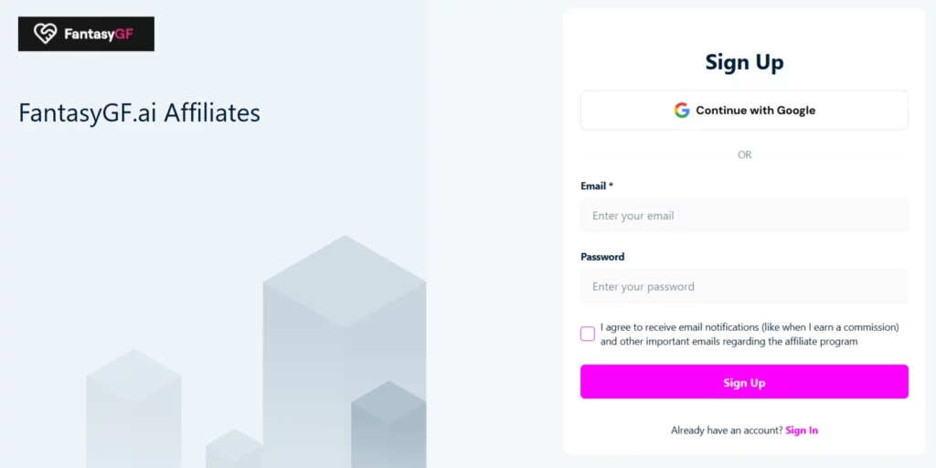 FantasyGF Sign-up Page