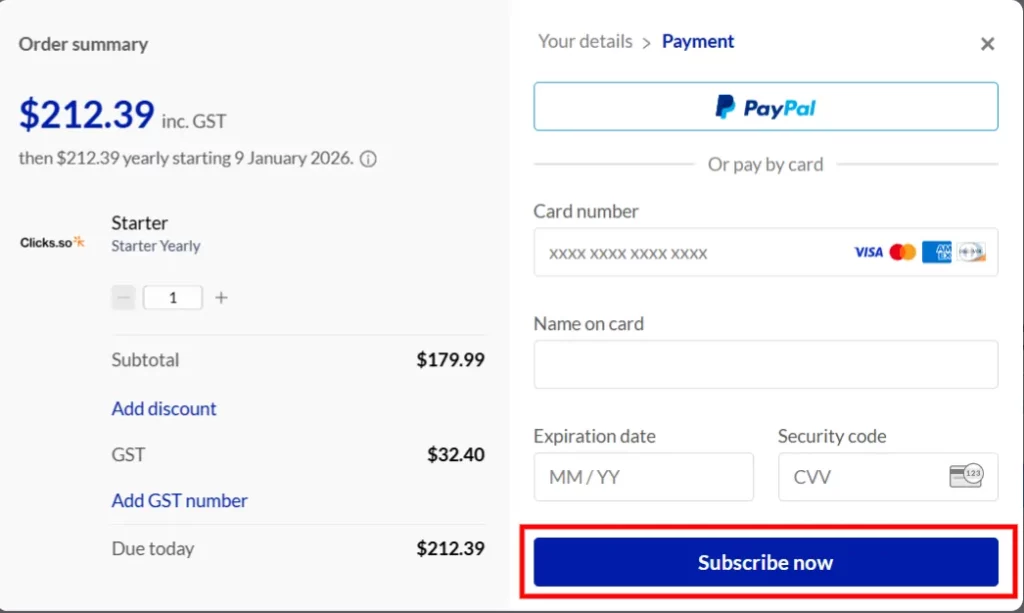 Clicks.so - Activation of Subscription page