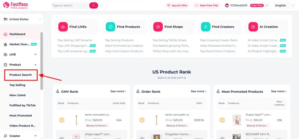 FastMoss - Access Product Search