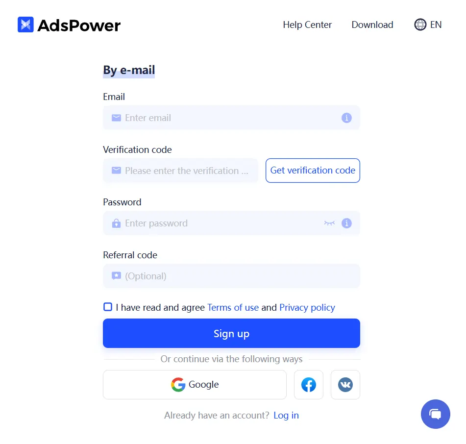 AdsPower Registration Form