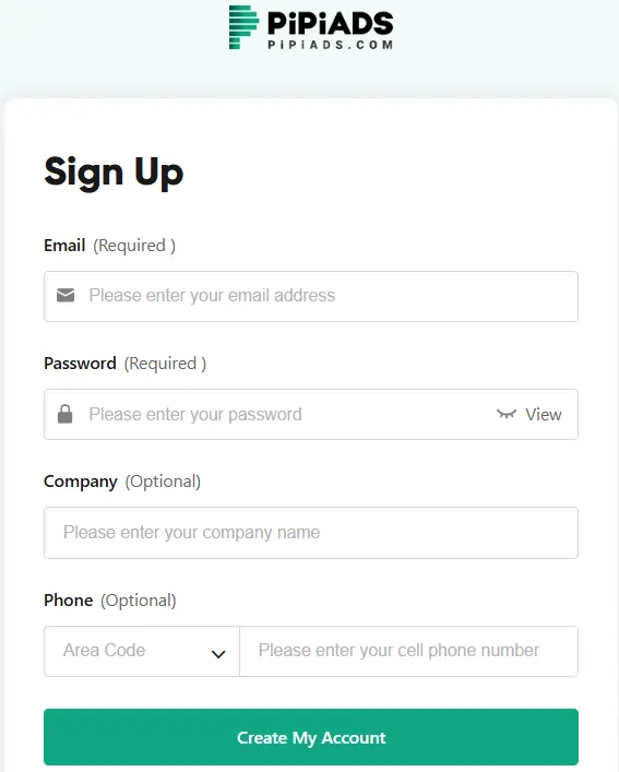 PiPiADS - Create Your Account