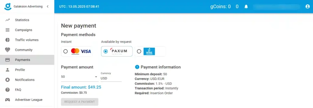 Galaksion payment methods