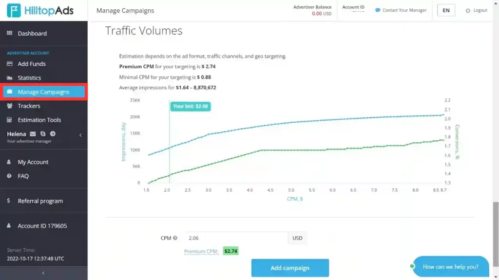 HilltopAds Manage Campaigns