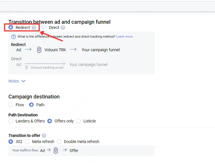 Setting Up Redirect Tracking - Choose Redirect Method
