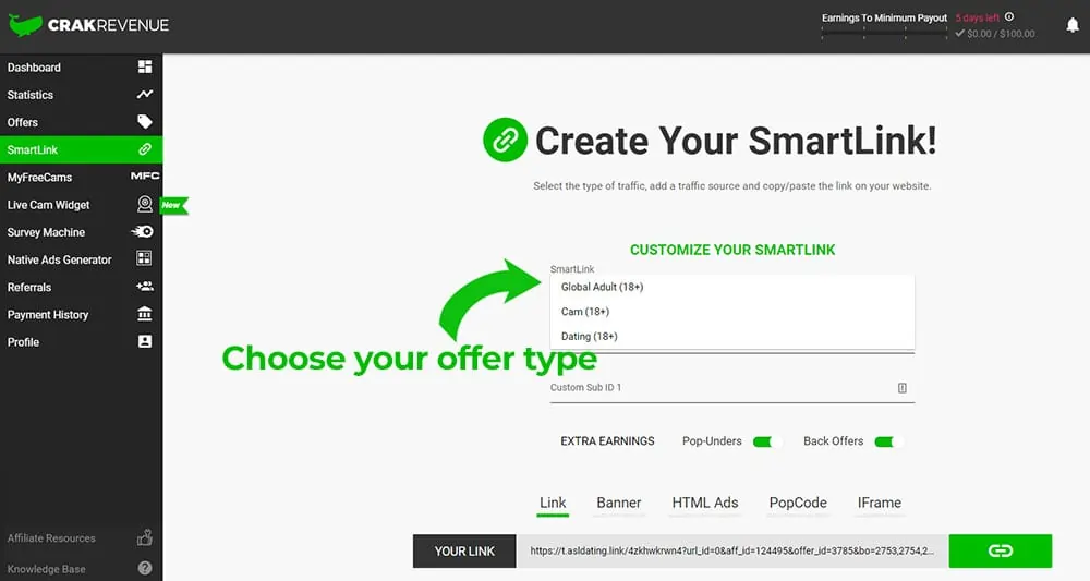 Choose Your Offer Type on Crakrevenue
