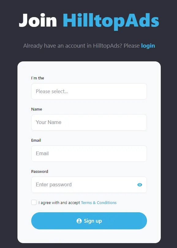 Create Account on HilltopAds
