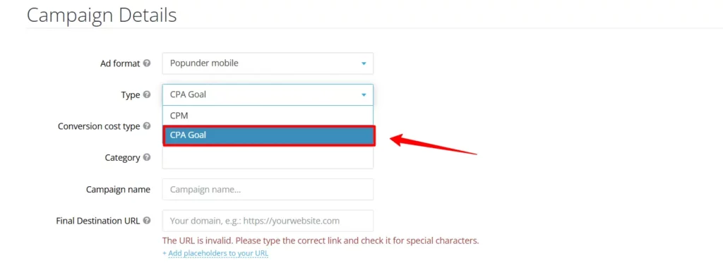 Choose your Ad Format type as CPA Goal in HilltopAds