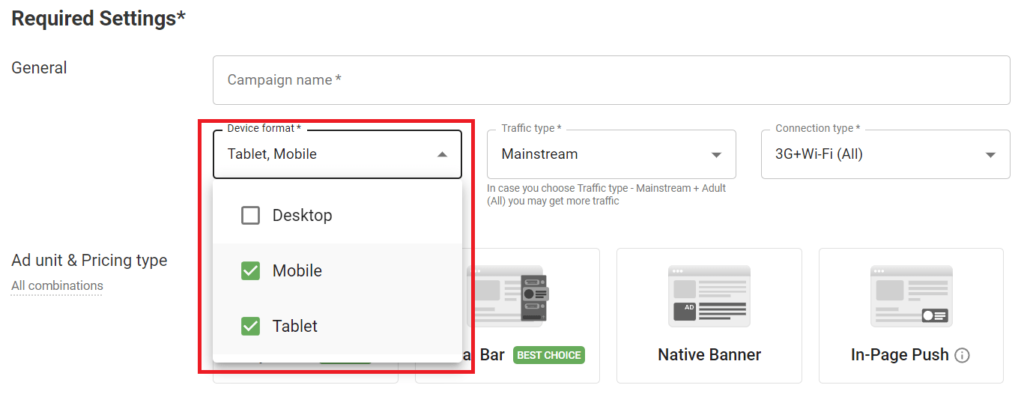Adsterra - VPN Campaign device type targeting