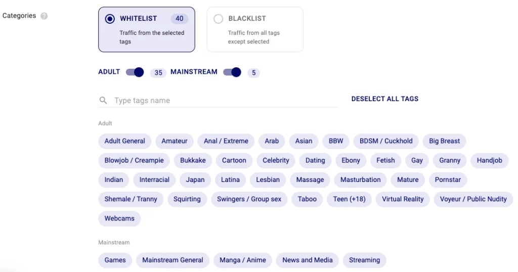 TrafficStars Categories Selection