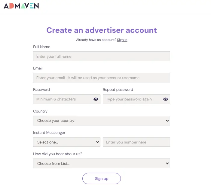 Admaven SignUp