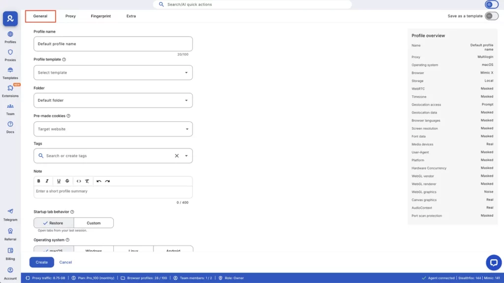 Generate a new profile in Multilogin