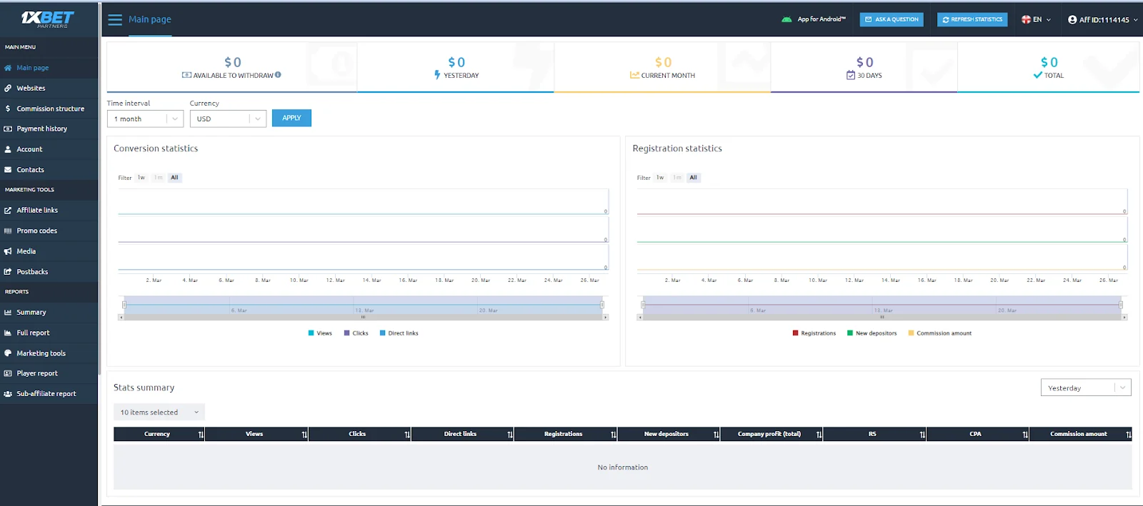 1xBet Affiliate Dashboard
