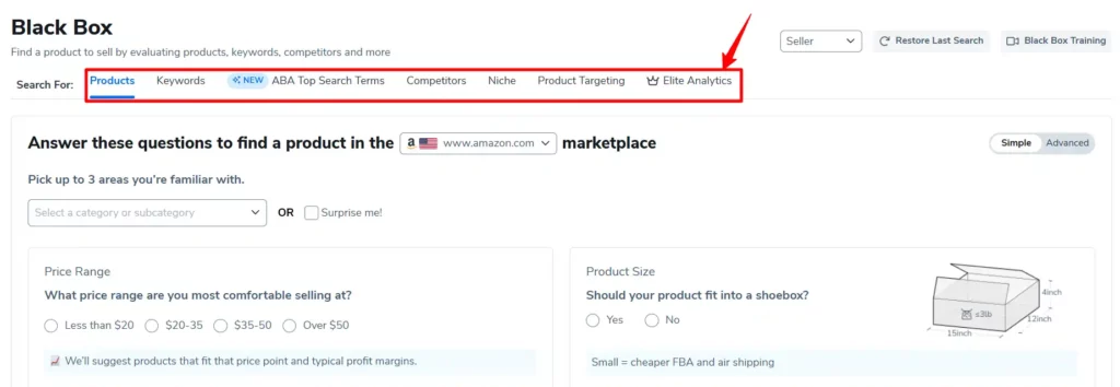 Helium 10 Black Box Six Search Categories