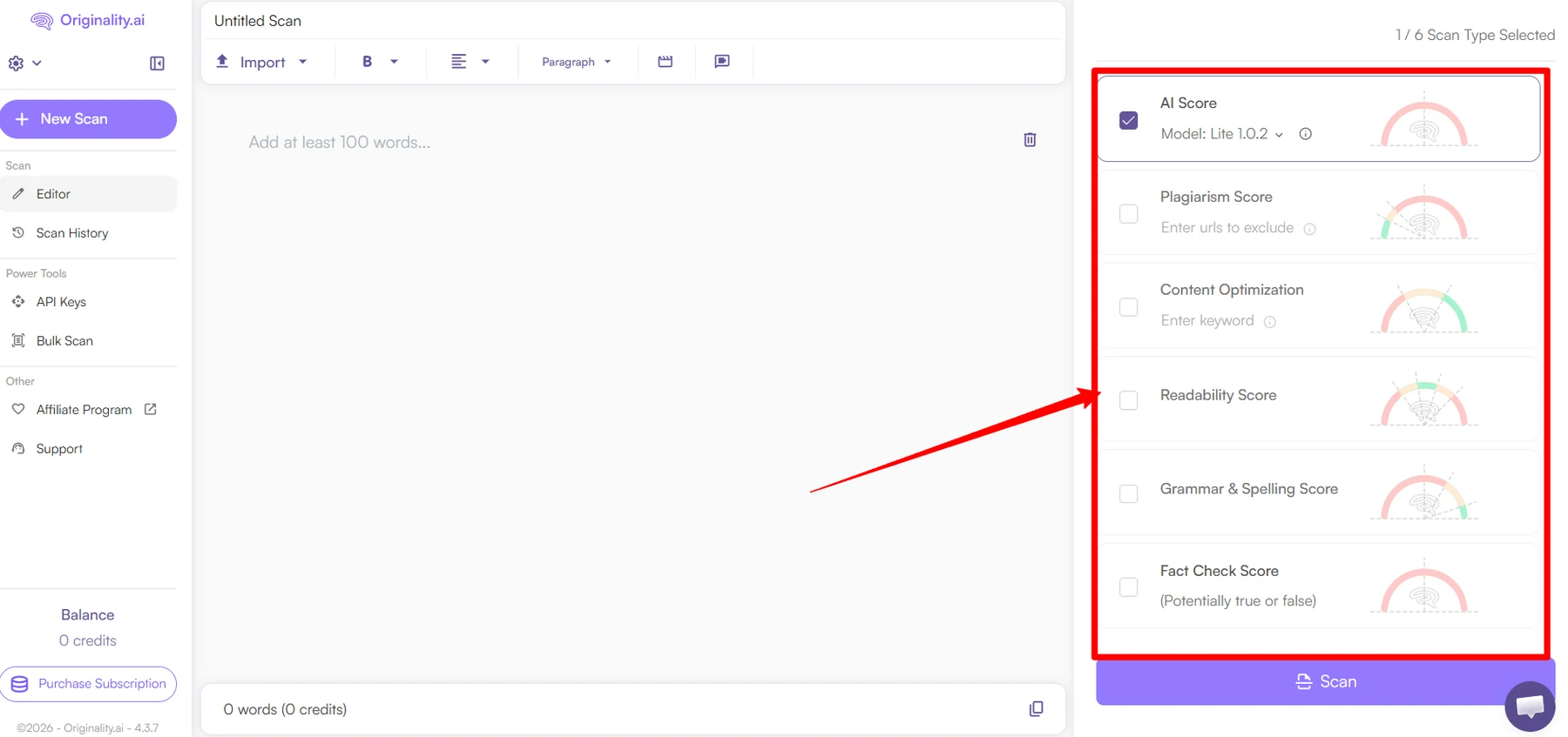 Select Your Scan Types in Originality AI
