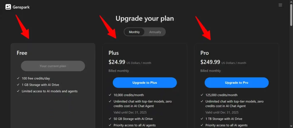 Visit Genspark pricing page
